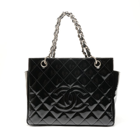 CHANEL No. 6 2000-2002 Patent Leather Enamel Chain Tote Handbag black WS25376