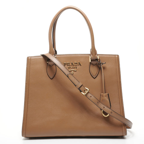 PRADA Saffiano Leather 2way Handbag Brown WS25386
