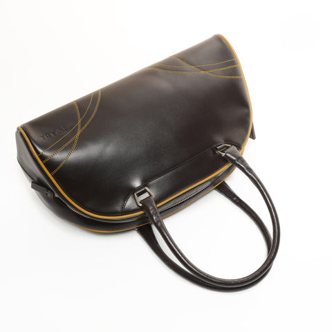 PRADA Leather Bowling Bag Boston Bag Handbag Brown WS25388