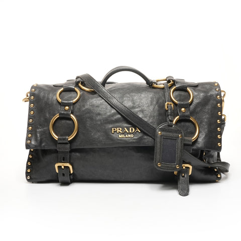 PRADA Leather studs 2way Shoulder Bag black WS25398