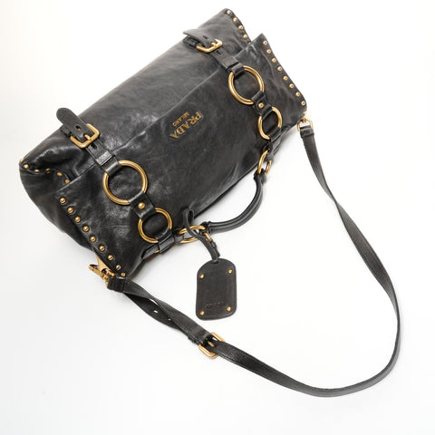 PRADA Leather studs 2way Shoulder Bag black WS25398
