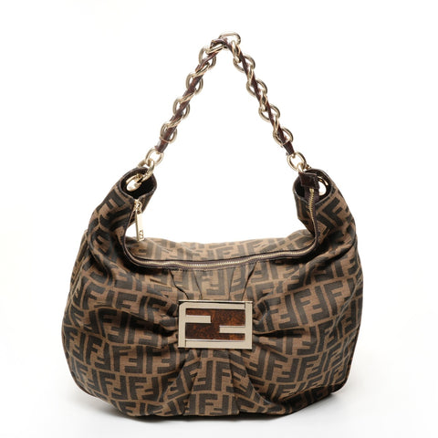 FENDI Zucca Canvas Mia One Belt Chain Shoulder Bag Brown WS25399