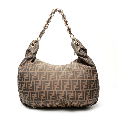 FENDI Zucca Canvas Mia One Belt Chain Shoulder Bag Brown WS25399