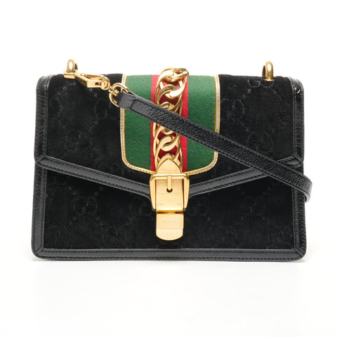 GUCCI Sylvie Sherry Line Ribbon Velour Shoulder Bag black WS25408