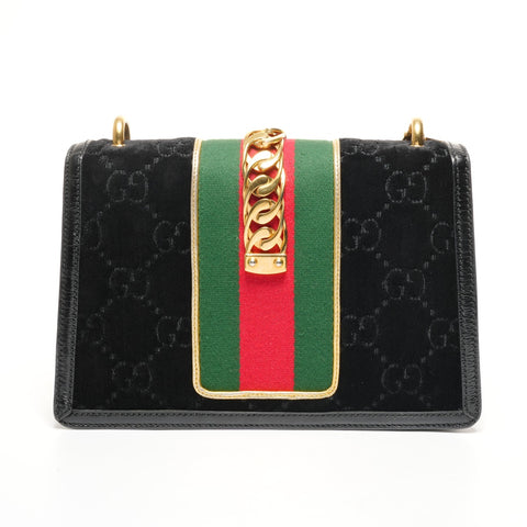 GUCCI Sylvie Sherry Line Ribbon Velour Shoulder Bag black WS25408