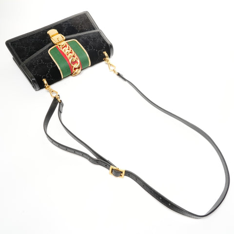 GUCCI Sylvie Sherry Line Ribbon Velour Shoulder Bag black WS25408