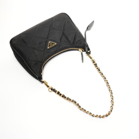 PRADA Nylon Saffiano Leather Hobo Bag with Chain Quilting Shoulder Bag black WS25422
