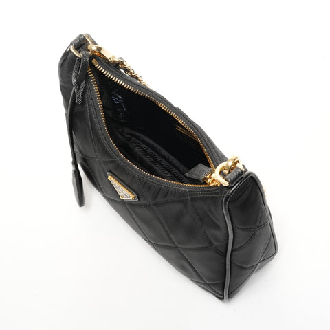 PRADA Nylon Saffiano Leather Hobo Bag with Chain Quilting Shoulder Bag black WS25422