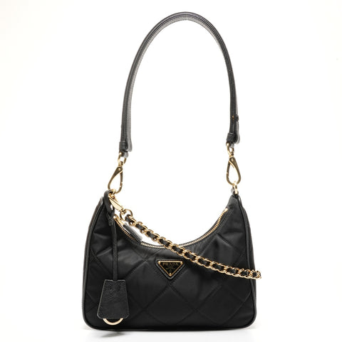 PRADA Nylon Saffiano Leather Hobo Bag with Chain Quilting Shoulder Bag black WS25422