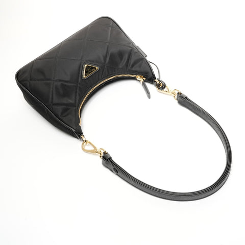 PRADA Nylon Saffiano Leather Hobo Bag with Chain Quilting Shoulder Bag black WS25422