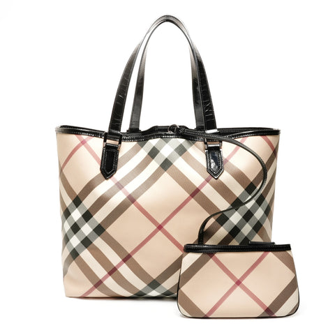 BURBERRY Coated canvas PVC Nova check with pouch Tote Bag beige WS25438