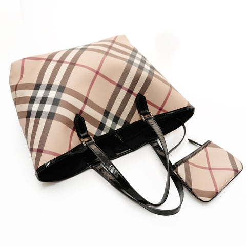 BURBERRY Coated canvas PVC Nova check with pouch Tote Bag beige WS25438