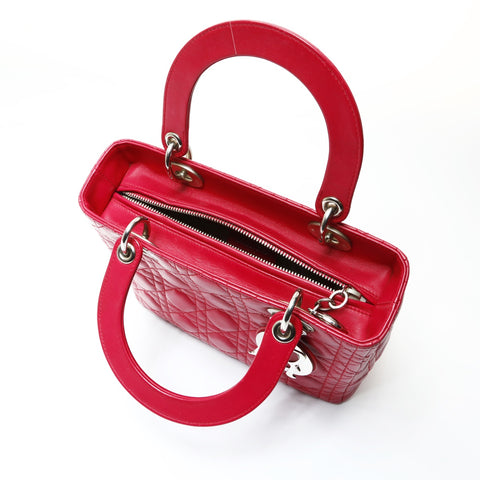 Christian Dior Lambskin Medium Lady Dior Silver Metal 2way Handbag pink WS25461