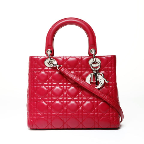 Christian Dior Lambskin Medium Lady Dior Silver Metal 2way Handbag pink WS25461