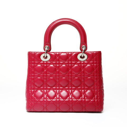 Christian Dior Lambskin Medium Lady Dior Silver Metal 2way Handbag pink WS25461