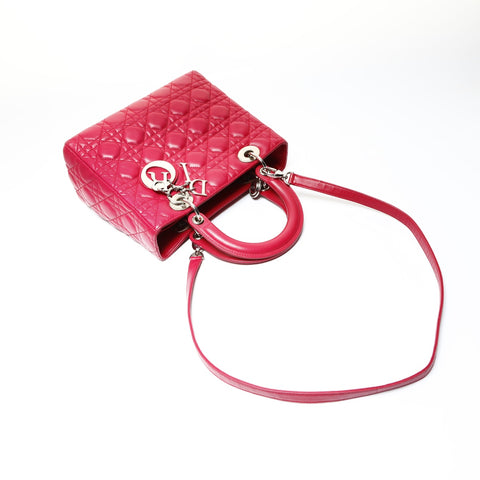 Christian Dior Lambskin Medium Lady Dior Silver Metal 2way Handbag pink WS25461