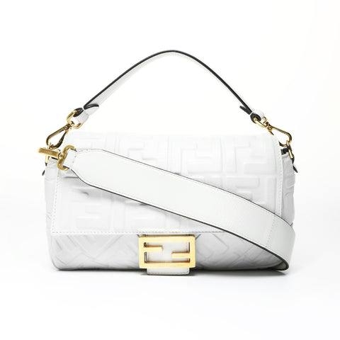 FENDI Zucca embossed leather Baguette satchel bag Shoulder Bag white WS25469