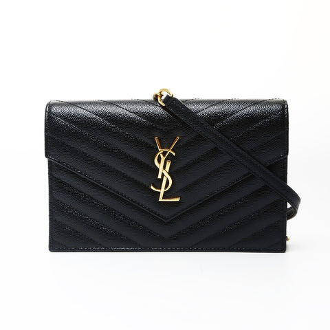 YVES SAINT LAURENT Envelope Cassandra Chain Wallet Leather Shoulder Bag black WS25476