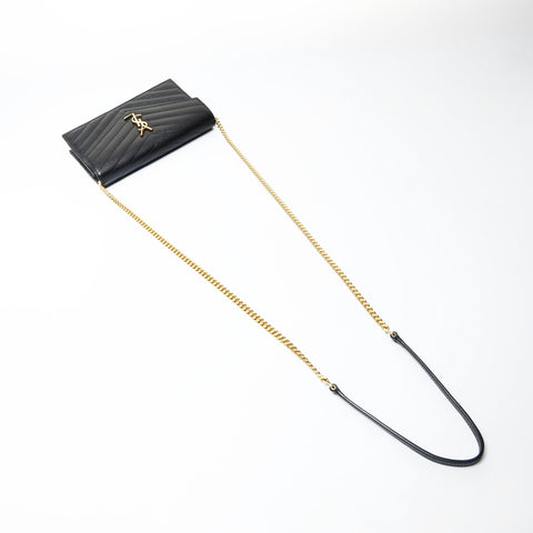 YVES SAINT LAURENT Envelope Cassandra Chain Wallet Leather Shoulder Bag black WS25476