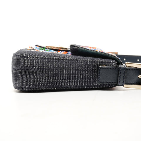 FENDI Mamma Bucket Bijou Denim Beads Shoulder Bag blue WS25523