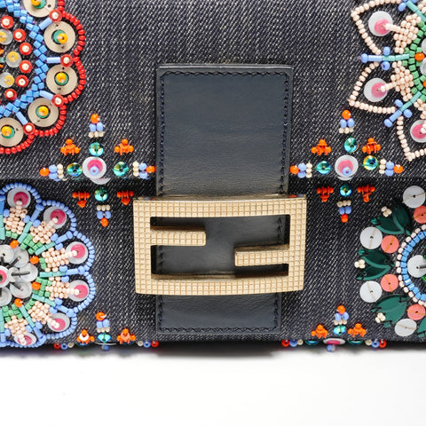 FENDI Mamma Bucket Bijou Denim Beads Shoulder Bag blue WS25523
