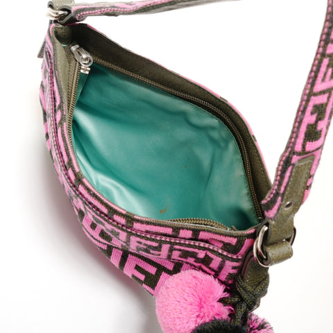 FENDI Zucca One Belt Knit Wool Pompom Shoulder Bag pink WS25528
