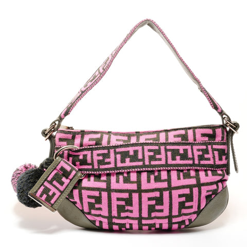 FENDI Zucca One Belt Knit Wool Pompom Shoulder Bag pink WS25528
