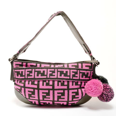 FENDI Zucca One Belt Knit Wool Pompom Shoulder Bag pink WS25528