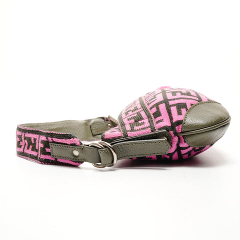 FENDI Zucca One Belt Knit Wool Pompom Shoulder Bag pink WS25528