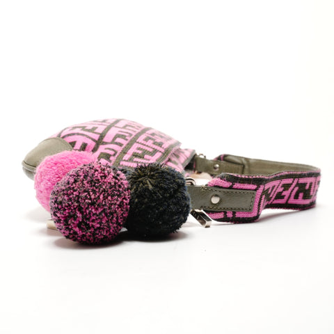 FENDI Zucca One Belt Knit Wool Pompom Shoulder Bag pink WS25528