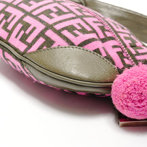 FENDI Zucca One Belt Knit Wool Pompom Shoulder Bag pink WS25528