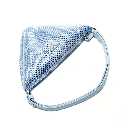 PRADA Rhinestone Satin Crystal Triangle 2way Shoulder Bag blue WS25529