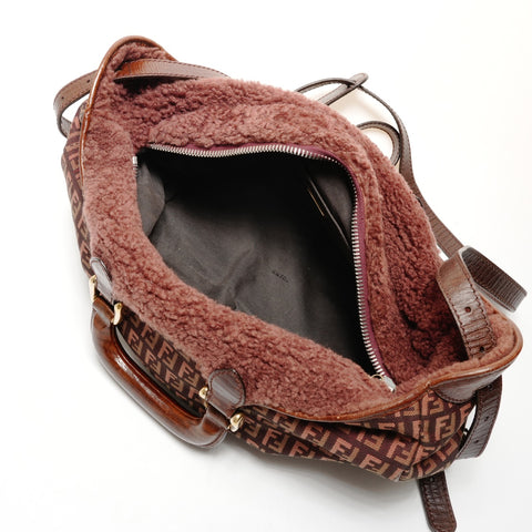 FENDI Zucchino Canvas Leather 2way Mouton Handbag Brown WS25533