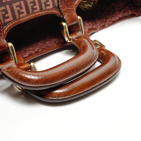 FENDI Zucchino Canvas Leather 2way Mouton Handbag Brown WS25533