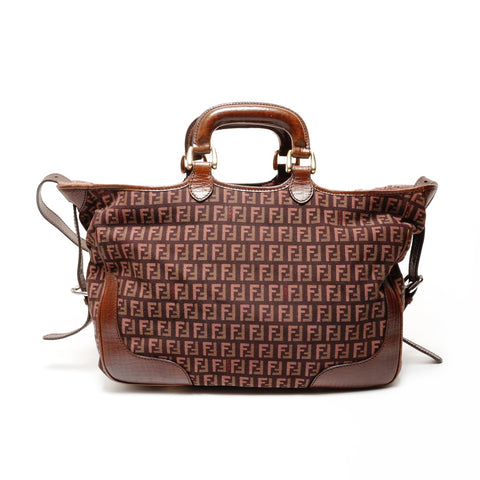FENDI Zucchino Canvas Leather 2way Mouton Handbag Brown WS25533