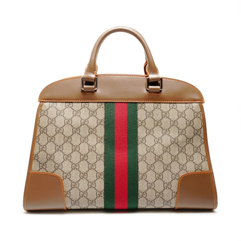 GUCCI GG Canvas and Leather Sherry Line Boston Bag Handbag Brown WS25544
