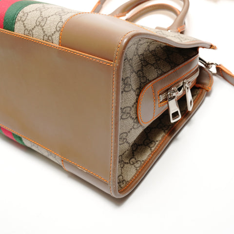 GUCCI GG Canvas and Leather Sherry Line Boston Bag Handbag Brown WS25544