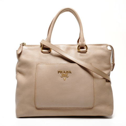 PRADA Vitello Dyno Zip Convertible 2-Way Shoulder Handbag beige WS25556