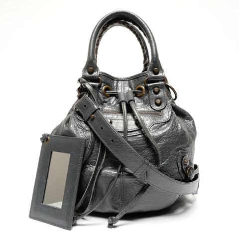 BALENCIAGA Lambskin Mini Pompon Leather Shoulder Bag gray WS25595