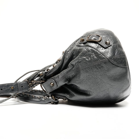 BALENCIAGA Lambskin Mini Pompon Leather Shoulder Bag gray WS25595