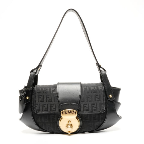 FENDI Zucchino canvas and leather one belt Shoulder Bag black WS25601