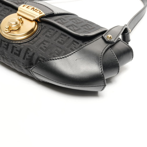FENDI Zucchino canvas and leather one belt Shoulder Bag black WS25601