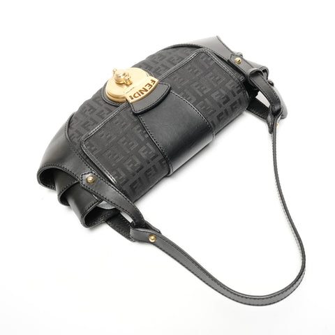 FENDI Zucchino canvas and leather one belt Shoulder Bag black WS25601