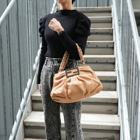 FENDI Mia Mamma Leather Chain Bucket One Belt Shoulder Bag Brown WS25641