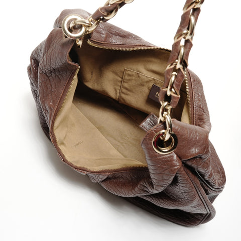 FENDI Mia Mamma Leather Chain Bucket One Belt Shoulder Bag Brown WS25642