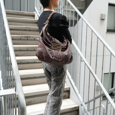 FENDI Mia Mamma Leather Chain Bucket One Belt Shoulder Bag Brown WS25642