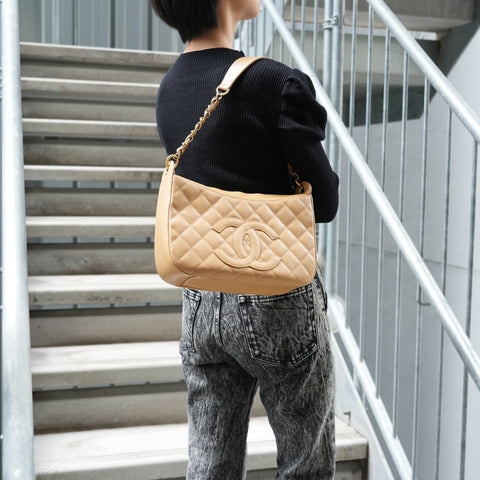 CHANEL No. 8 2003-2004 Caviar Skin COCO Mark Half Moon Shoulder Bag Brown WS25643