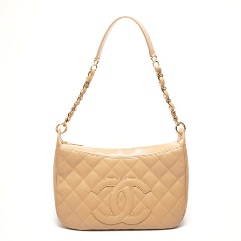 CHANEL No. 8 2003-2004 Caviar Skin COCO Mark Half Moon Shoulder Bag Brown WS25643