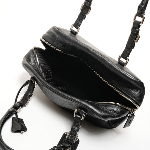 PRADA Logo Embossed Silver Metal Boston Vitello Dino Shoulder Bag black WS25649