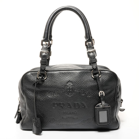 PRADA Logo Embossed Silver Metal Boston Vitello Dino Shoulder Bag black WS25649